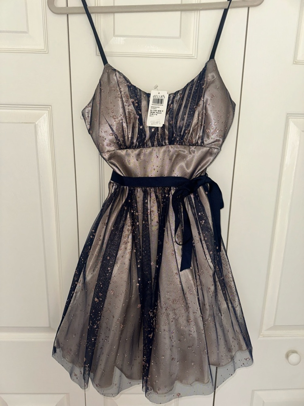 NEW Gorgeous Junior glitter mesh Sparkle Silver Party Dress with Navy Accents